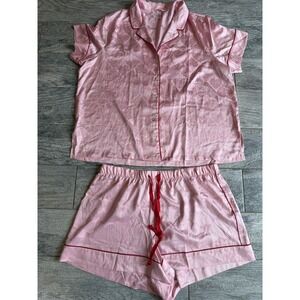 Victorias Secret Pajama Set 2 pc Shorts Top Pink Hearts Satin Extra Large XL PJ